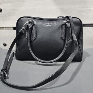 Prada Milano Black Leather Dome Satchel with Crossbody Strap